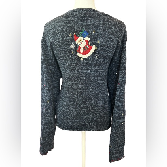 VTG 90s Y2K embroidered Santa motifs ugly Xmas sweater cardigan whimsical L - Picture 2 of 12